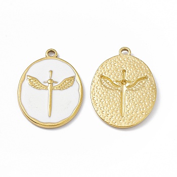 Ion Plating(IP) 304 Stainless Steel Pendant, with Enamel, Oval with Wing Charm, Golden, White, 28x20x2mm, Hole: 1.8mm