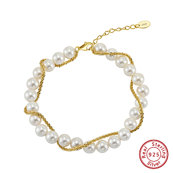 Adjustable Natural Shell Pearl Beaded Bracelets, 925 Sterling Silver Clasps Bracelets for Women, Real 14K Gold Plated, 6-1/2 inch(16.5cm)