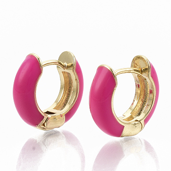 Brass Huggie Hoop Earrings, with Enamel, Real 18K Gold Plated, Deep Pink, 14x15x5mm, Pin: 1x1mm
