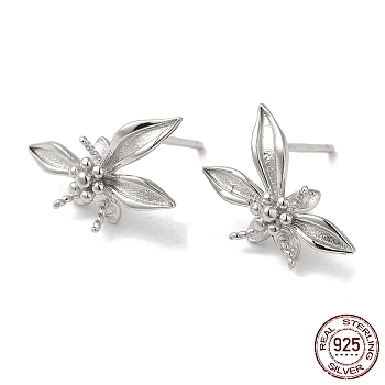 Rhodium Plated 925 Sterling Silver Stud Earring Findings, Flower, for Half Drilled Beads, Real Platinum Plated, 14x7.5x4mm, Pin: 0.6mm
