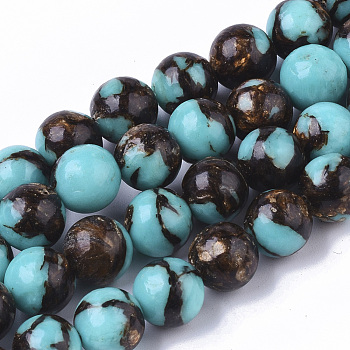 Assembled Synthetic Turquoise and Bronzite Beads Strands, Round, 8mm, Hole: 1.4mm, about 46~47pcs/strand, 15.15 inch(38.5cm)
