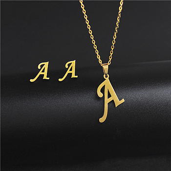 Golden Stainless Steel Initial Letter Jewelry Set, Stud Earrings & Pendant Necklaces, Letter A, No Size