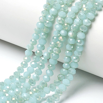 Electroplate Glass Beads Strands, Imitation Jade, Half Rainbow Plated, Faceted, Rondelle, Turquoise, 4x3mm, Hole: 0.4mm, about 123~127pcs/strand, 16.5~16.9 inch(42~43cm)