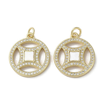 Brass Micro Pave Cubic Zirconia Pendants, with Shell, Copper Cash, Real 18K Gold Plated, 21.5x18.5x3mm, Hole: 3mm