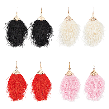 ANATTASOUL 4 Pairs 4 Colors Polyester Tassel Dangle Earrings, Golden Alloy Long Drop Earrings for Women, Mixed Color, 108~110mm, Pin: 0.6mm, 1 Pair/color