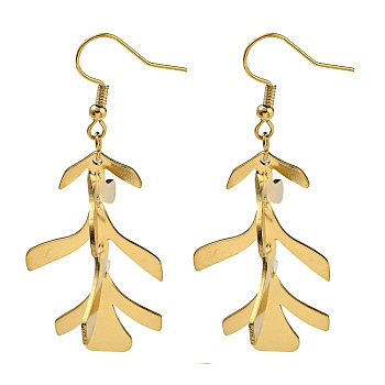 Ion Plating(IP) 304 Stainless Steel Earrings for Women, Leaf, Real 18K Gold Plated, 60x24.5mm