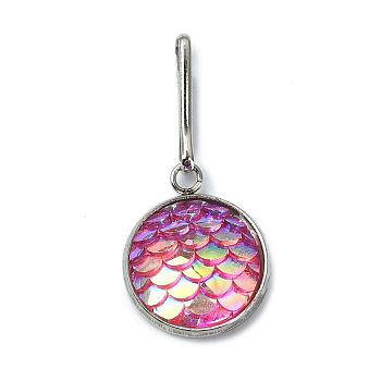 Resin Flat Round with Mermaid Fish Scale Keychin, with Iron Keychain Clasp Findings, Magenta, 2.7cm