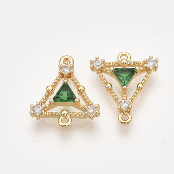 Brass Cubic Zirconia Links, Real 18K Gold Plated, Nickel Free, Triangle, Green, 15x13x3mm, Hole: 1mm