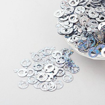 Ornament Accessories Plastic Paillette/Sequins Charms, Flat Round with Heart, Silver, 8x0.1mm, Hole: 1.4mm