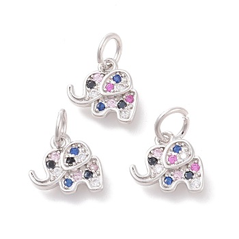 Brass Micro Pave Cubic Zirconia Charms, Elephant, Colorful, Platinum, 10x11x2mm, Hole: 4mm