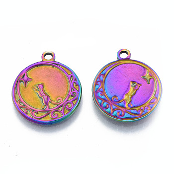 Ion Plating(IP) 201 Stainless Steel Pendants, Flat Round with Cat, Rainbow Color, 24x20.5x2mm, Hole: 2mm