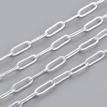 Brass Paperclip Chains, Flat Oval, Drawn Elongated Cable Chains, Soldered, with Spool, Cadmium Free & Lead Free, Silver Color Plated, 6x2.6x0.4mm, about 16.4 Feet(5m)/roll