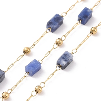 Natural Lapis Lazuli Rectangle Beaded Chains, with Golden 304 Stainless Steel Findings, Unwelded, 4~4.5x2~2.5x2~2.5mm, about 3.28 Feet(1m)/Box