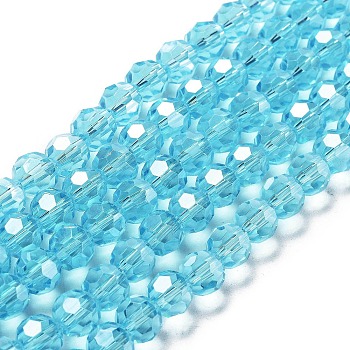 Electroplate Transparent Glass Beads Strands, Faceted, Round, Pearl Luster Plated, Deep Sky Blue, 8mm, Hole: 1mm, about 66~69pcs/strand, 19.29~19.57 inch(49~49.7cm)