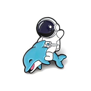 Spaceman with Dolphin Enamel Pin, Astronaut Alloy Enamel Brooch for Backpack Clothes, Electrophoresis Black, Blue, 27.5x23x1.5mm, Pin: 1mm