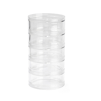 (Defective Closeout Sale: Scratched) Round Plastic Bead Containers, Screw Together Stacking Jars with 5 Vials, Clear, 6.95x13.5cm