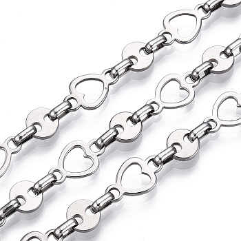 661 Stainless Steel Heart & Flat Round & Oval Link Chains, Unwelded, with Spool, Stainless Steel Color, 16x9.5x1mm, 8x1.5, 6.5x4x2mm, about 32.81 Feet(10m)/Roll