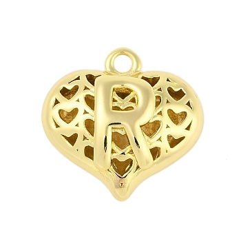 Hollow Brass Pendants for Valentine's Day, Heart with Letter, Real 18K Gold Plated, Letter R, 25x26x13mm, Hole: 2.5mm