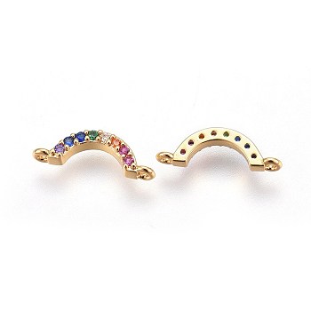 Brass Cubic Zirconia Links, Long-Lasting Plated, Curved, Colorful, Real 18K Gold Plated, 4.3x13.8x2mm, Hole: 0.8mm