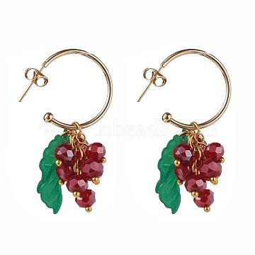 Creative Fruit Shape Dangle Stud Earrings for Girl Women, Faceted Glass Beads and Acrylic Maple Leaf Charm Earrings, Golden, FireBrick, 43.5~46mm, Pin: 0.6mm(X1-EJEW-TA00018)