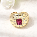Brass Micro Pave Cubic Zirconia Cuff Open Rings for Women, Rectangle, with Glass, Long-Lasting Plated, Rack Plating, Real 18K Gold Plated, Deep Pink, 18mm(RJEW-L343-03G-05)
