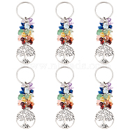 6Pcs Natural Gemstone Keychain, with Brass Findings, Flat Round with Tree, 88mm, Pendant: 28.5x25x2mm(KEYC-FH0001-14)