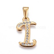 304 Stainless Steel Pendants, with Rhinestone, Letter, Letter.I, 22.5x14.5x2mm, Hole: 3~3.5x7.5~8mm(STAS-F202-16G-I)