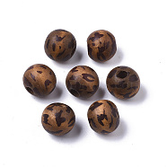 Printed Natural Wood Beads, Dyed, Round with Leopard Print Pattern, Coconut Brown, 12mm, Hole: 3mm(X-WOOD-R266-03)