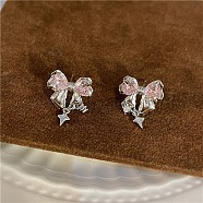 Brass Micro Pave Cubic Zirconia Stud Earring, Bowknot, Pink, 22mm(PW23031647610)