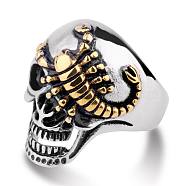 Two Tone 316L Surgical Stainless Steel Skull with Scorpion Finger Ring, Gothic Punk Jewelry for Men Women, Golden & Stainless Steel Color, US Size 11(20.6mm)(SKUL-PW0002-034E-GP)