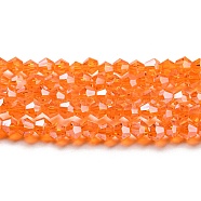 Transparent Electroplate Glass Beads Strands, Pearl Luster Plated, Faceted, Bicone, Orange Red, 6x6mm, Hole: 1mm, about 45~47pcs/strand, 9.65~9.84 inch(24.5~25cm)(EGLA-A039-T6mm-A11)