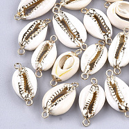 Electroplate Cowrie Shell Links connectors, with Iron Findings, Golden, 21~27x10~14x6mm, Hole: 1.5mm(SHEL-S266-03)