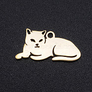 201 Stainless Steel Kitten Pendants, Lying Down Cat Shape, Golden, 9.5x19x1mm, Hole: 1.2mm(STAS-N090-JN857-2)