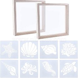 SUPERFINDINGS 1 Set Marine Organism Theme Plastic Drawing Painting Stencils Templates, with 2Pcs Wooden Transparent Picture Frame, Mixed Color, 13x13cm, 8sheets/set(DIY-FH0003-42)