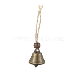 Iron Bell Hanging Ornaments, Wood Round Bead and Jute Cord for Home Door Wall Decoration, Coconut Brown, 100mm(HJEW-JM02422)