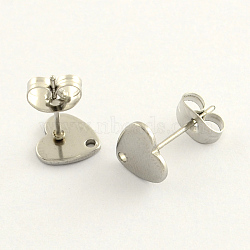 304 Stainless Steel Heart Stud Earring Findings, with Loop, Stainless Steel Color, 8x8mm, Hole: 1mm, pin: 0.8mm(X-STAS-R063-37)