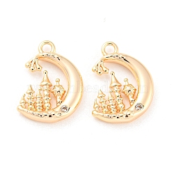 Brass Micro Pave Cubic Zirconia Pendants, Moon, Real 18K Gold Plated, 12x9x2mm, Hole: 1.2mm(KK-E090-20G)