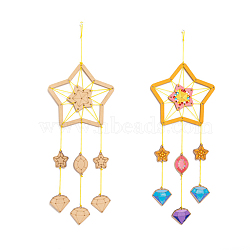 DIY Star Wind Chime Making Kits, Including 1Pc Wood Plates, 1 Card Cotton Thread and 1Pc Plastic Knitting Needles, for Children Painting Craft, Mixed Color, Thread & Needle: Random Color(DIY-A029-09)