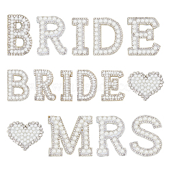 Plastic Imitation Pearl Beaded Iron on Appliques for Wedding, with Non-Woven Fabric, Heart & Word BRIDE & Letter.M/R/S, Mixed Color, 34x42x5mm(PATC-FG0001-24)