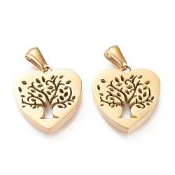 Ion Plating(IP) 304 Stainless Steel Pendants, Manual Polishing, Heart with Tree of Life, Golden, 18x17.5x3.5mm, Hole: 3x6mm(STAS-F253-04G)