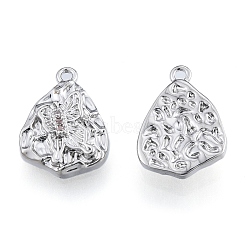 Brass Micro Pave Rosy Brown Cubic Zirconia Charms, Cadmium Free & Nickel Free & Lead Free, Textured, Teardrop with Butterfly, Real Platinum Plated, 14x10x3mm, Hole: 1mm(KK-N216-586P)