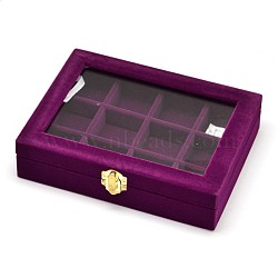 Wooden Rectangle Jewelry Boxes, Covered with Velvet, with Glass and Iron Clasps, 12 Compertments, Purple, 20.2x15.3x4.8cm(OBOX-L001-04B)