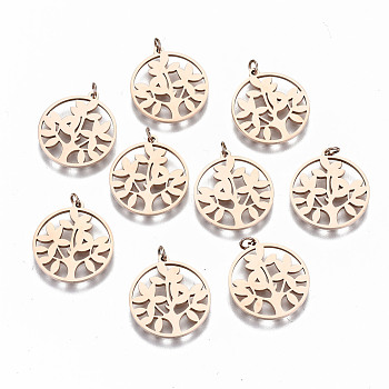 304 Stainless Steel Pendants, Laser Cut, with Jump Rings, Flat Round with Tree of Life, Rose Gold, 16.5x15x1mm, Jump Ring: 3x0.4mm, 2.2mm inner diameter