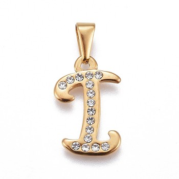 304 Stainless Steel Pendants, with Rhinestone, Letter, Letter.I, 22.5x14.5x2mm, Hole: 3~3.5x7.5~8mm