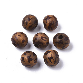 Printed Natural Wood Beads, Dyed, Round with Leopard Print Pattern, Coconut Brown, 12mm, Hole: 3mm