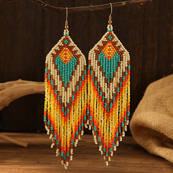 Bohemian Style Geometric Glass Seed Bead Handmade Tassel Dangle Earrings for Women