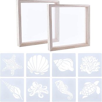 SUPERFINDINGS 1 Set Marine Organism Theme Plastic Drawing Painting Stencils Templates, with 2Pcs Wooden Transparent Picture Frame, Mixed Color, 13x13cm, 8sheets/set