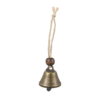 Iron Bell Hanging Ornaments, Wood Round Bead and Jute Cord for Home Door Wall Decoration, Coconut Brown, 100mm