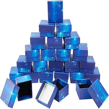 Starry Sky Pattern Cardboard Jewelry Boxes, with Sponge Inside, for Anniversaries, Weddings, Birthdays, Square, Blue, 5.1x5.1x3.2cm