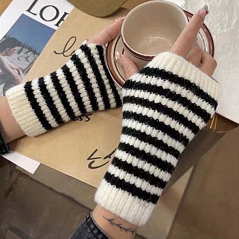 Stripe Acrylic Fibers Knitting Fingerless Gloves, Arm Warmer, Winter Warm Gloves with Thumb Hole, Black, 210x65mm